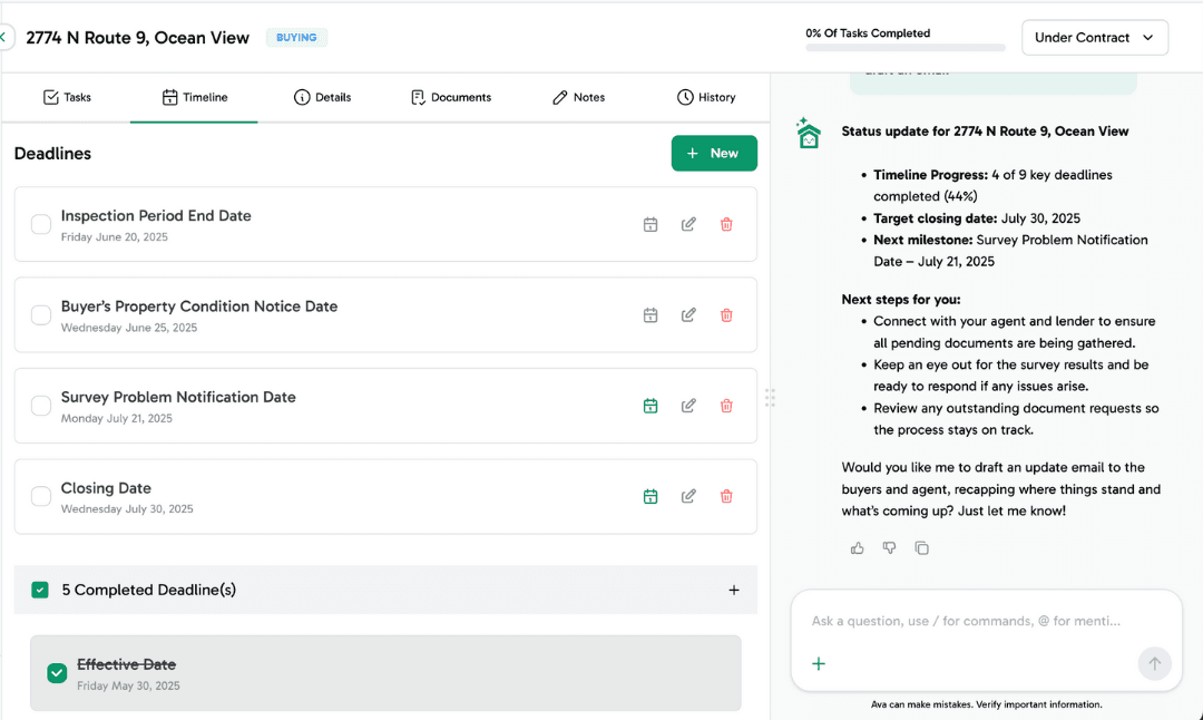 ListedKit AI Timeline showing Transaction Coordinator control and oversight