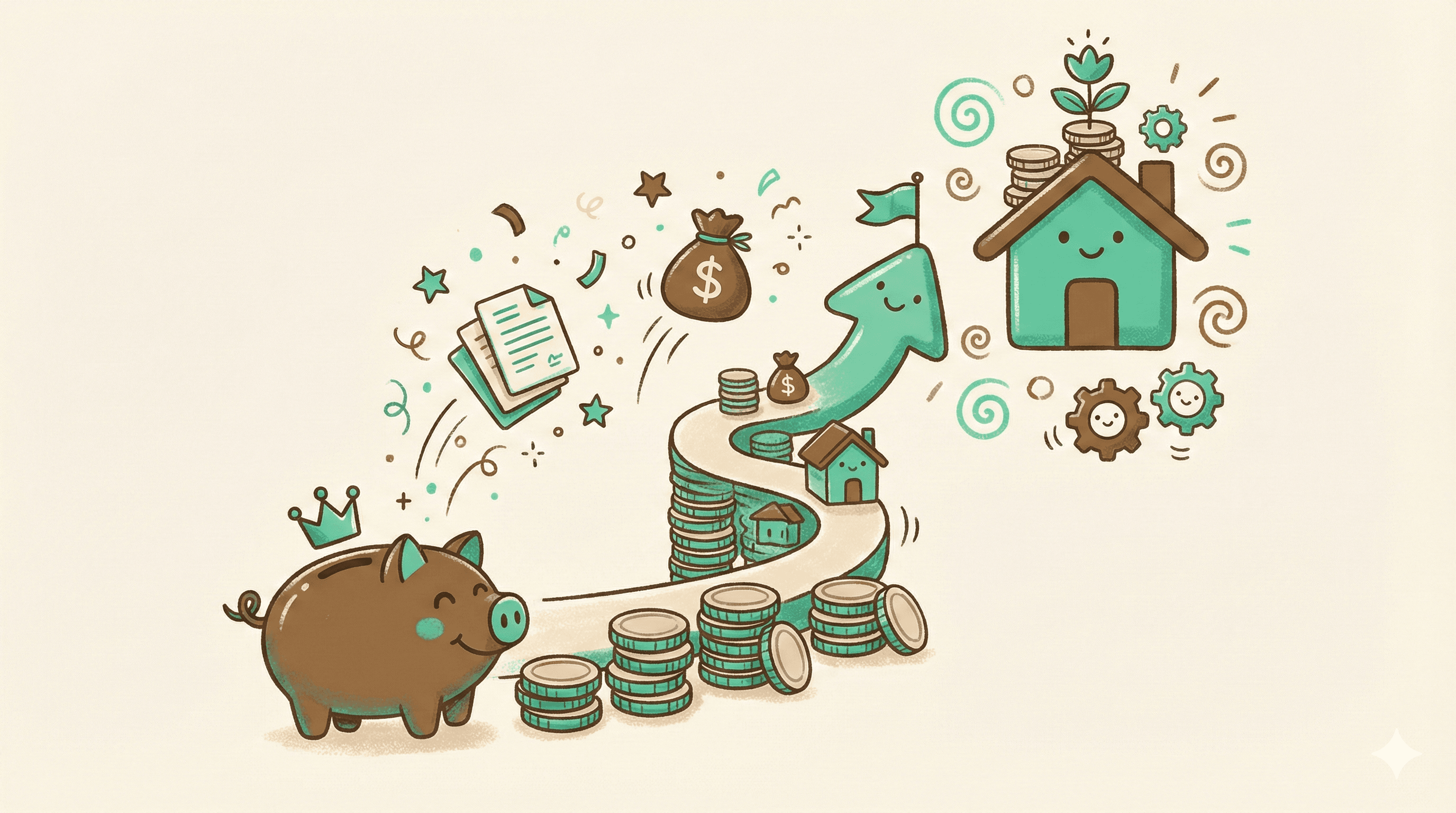 Playful illustration of salary growth with piggy bank, coins, and house